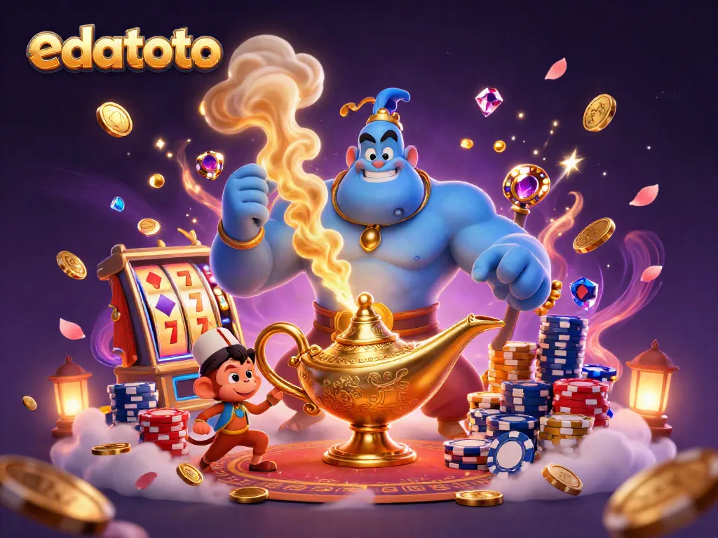 Menang besar di edatoto dengan jin dan chip poker berkilau di latar belakang
