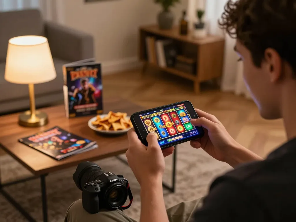 Engaging scene with a user experiencing sc88 mobile gaming, excitedly spinning the reels on a smartphone in a cozy home setting.