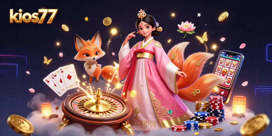 Spin with kios77 as vibrant casino elements surround a graceful character in an immersive scene.