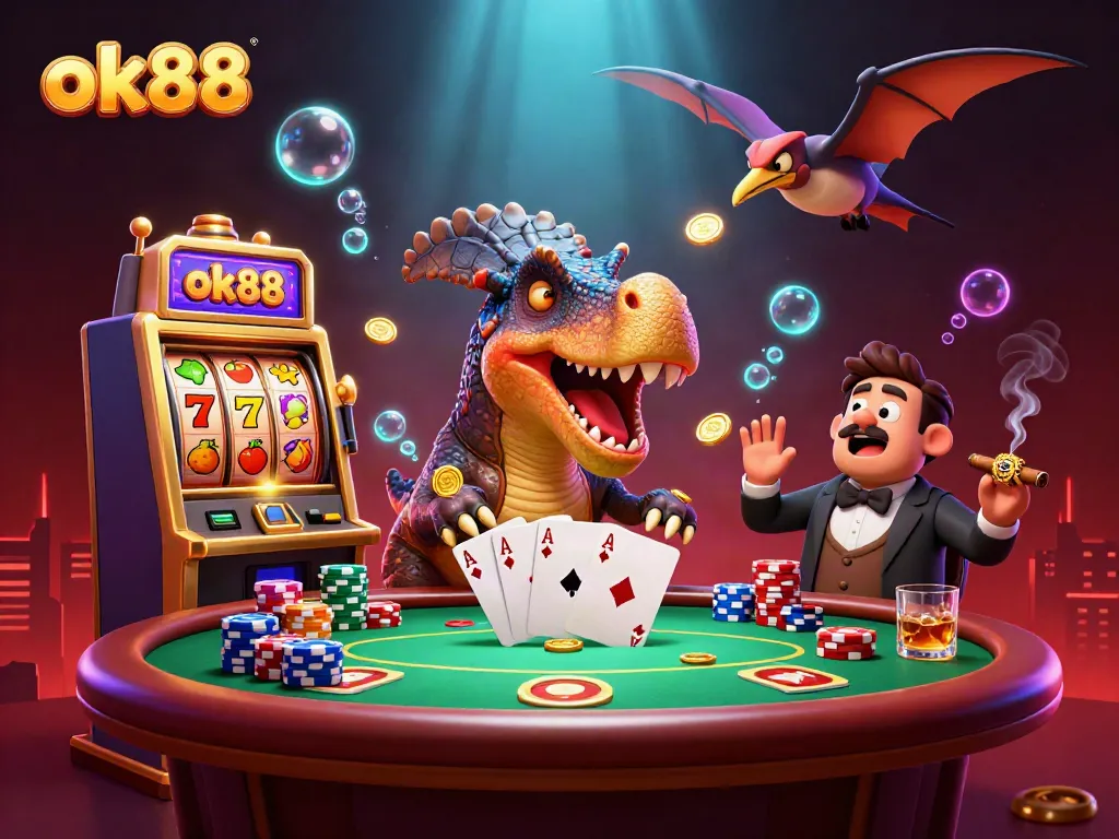 ok88 jackpot scene with dynamic dinosaurs and vibrant casino elements
