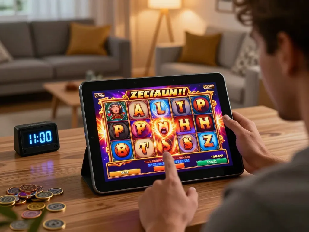 Player enjoying zeus slot online with vibrant graphics and tablet in cozy living room.