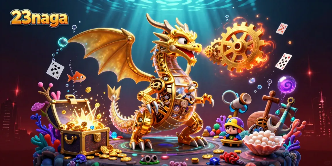 Memainkan game di 23naga dengan naga emas mekanis dan harta karun berkilauan.