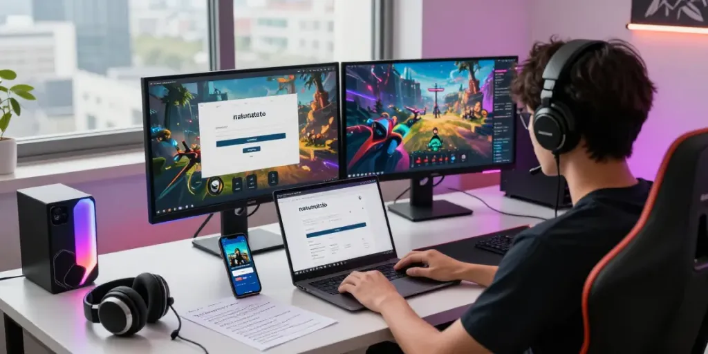 Proses natunatoto login di ruang kerja modern dengan laptop dan perangkat gaming.