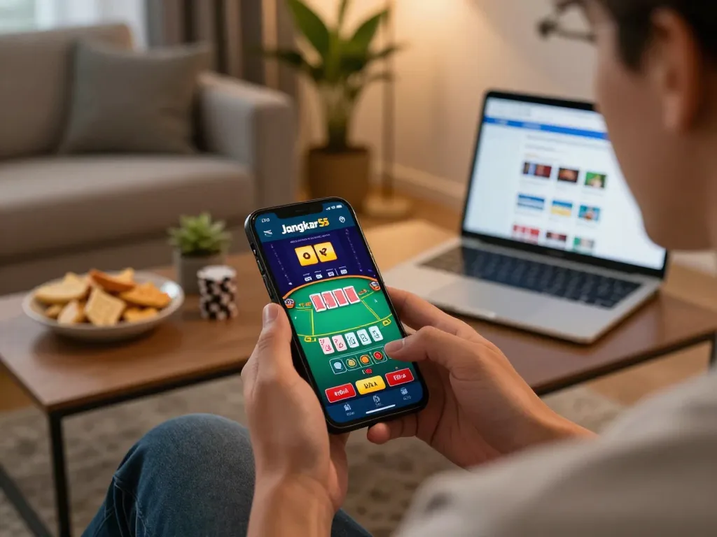Engaging with the Jangkar55 app during a lively online blackjack game, showcasing modern gambling.