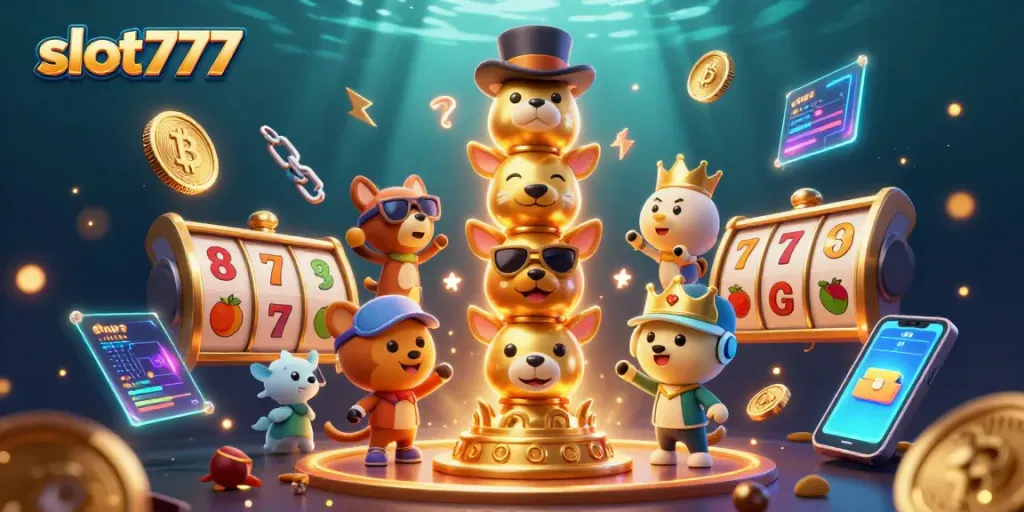 Putar slot777 dengan simbol keberuntungan, koin crypto bersinar dan totem ceria di permainan slot.