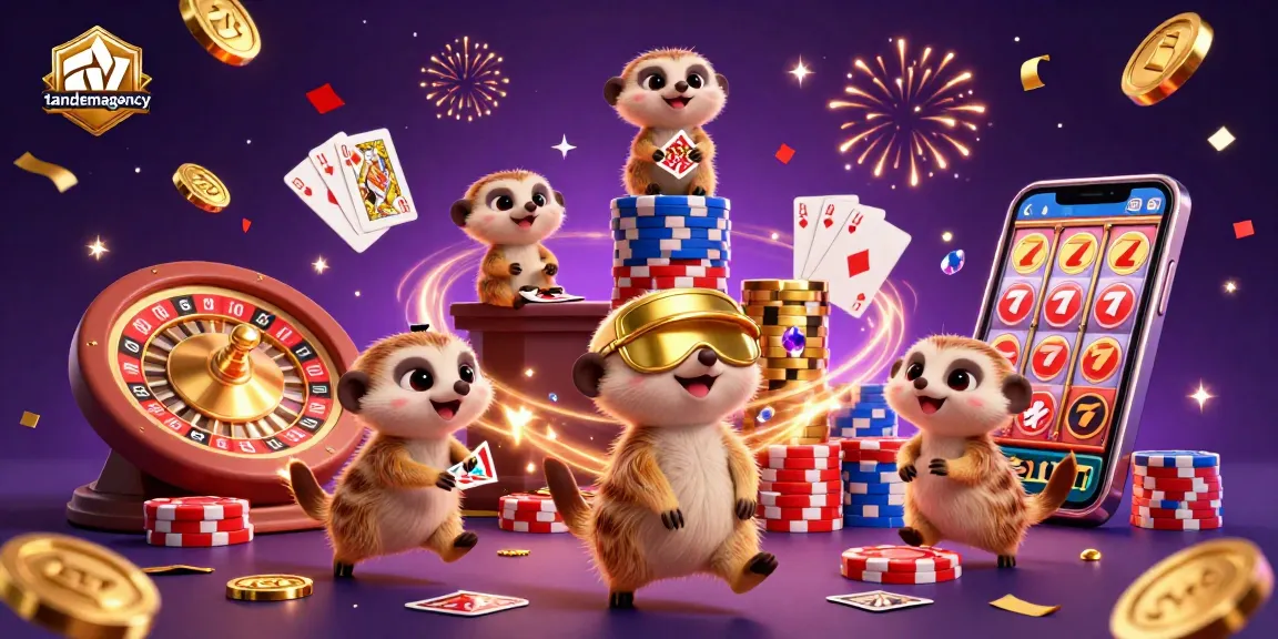 Tandemagency showcases a vibrant 3D meerkat casino scene with colorful gaming elements and celebratory effects.