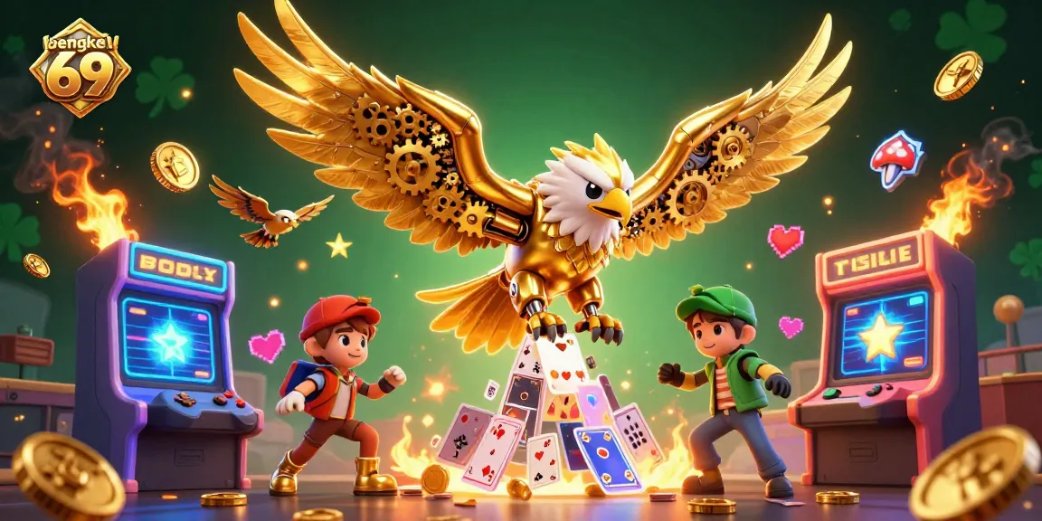 Engage with the vibrant world of bengkel 69 gambling in a dynamic 3D illustration showcasing arcade games and a golden eagle hero.