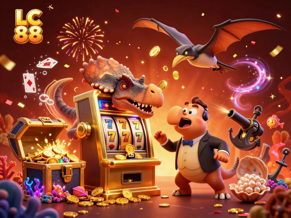 LC 88 showcases a pachycephalosaurus winning jackpots at a colorful casino scene.