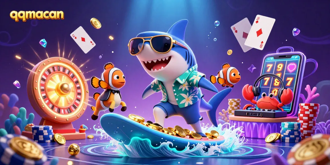 Experience the excitement of qqmacan with a vibrant underwater casino scene featuring a hammer-head shark and playful characters.