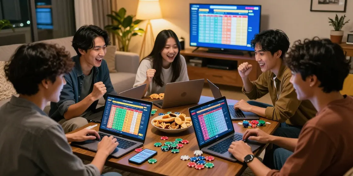 Friends enjoying situs togel game night, laptops and lottery results on display.
