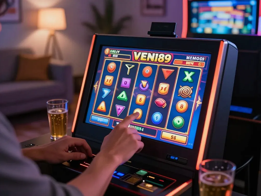 Player enjoying action on VENOM889 Slot with vibrant graphics in a cozy home environment.