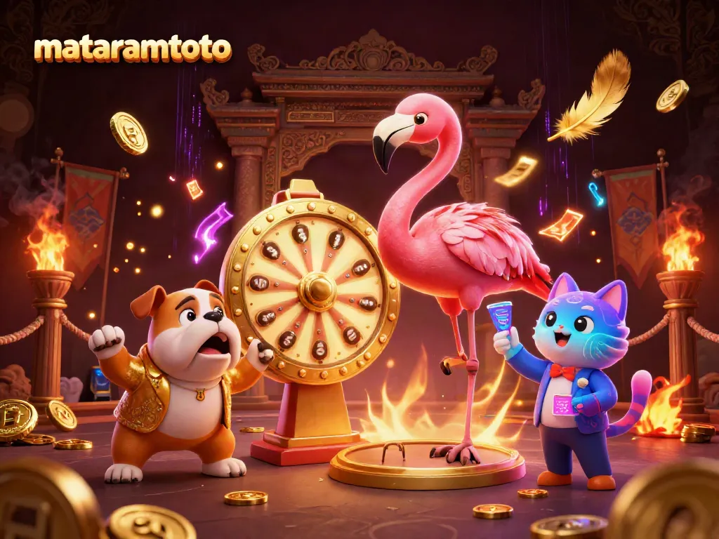 Experience the thrill at mataramtoto with a vibrant game show winner surrounded by prizes and casino elements.