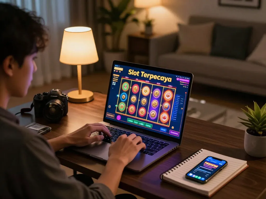 Engaging in Slot Terpercaya gaming at home with vibrant slot game on a laptop screen