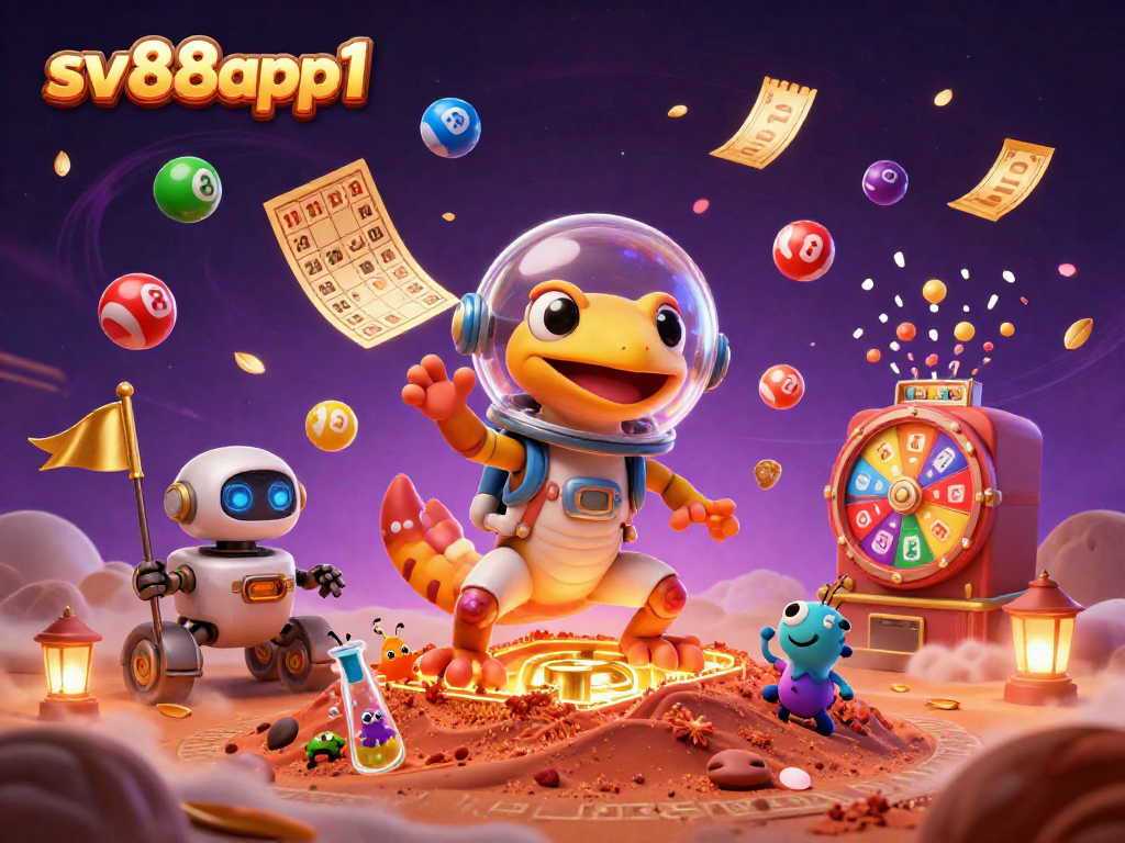 Engage with sv88app1 as a Martian gecko uncovers a golden casino amidst vibrant lottery elements.