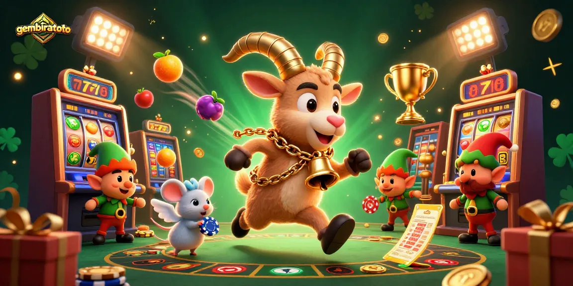 Gembiratoto menampilkan Krampus mengelola kasino horor dengan elemen slot dan koin emas yang penuh warna.