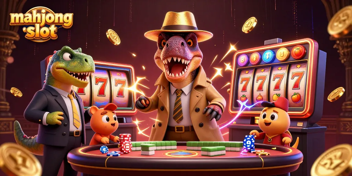 Playing mahjong slot with animated characters like a velociraptor and a stegosaurus in a dynamic casino scene.