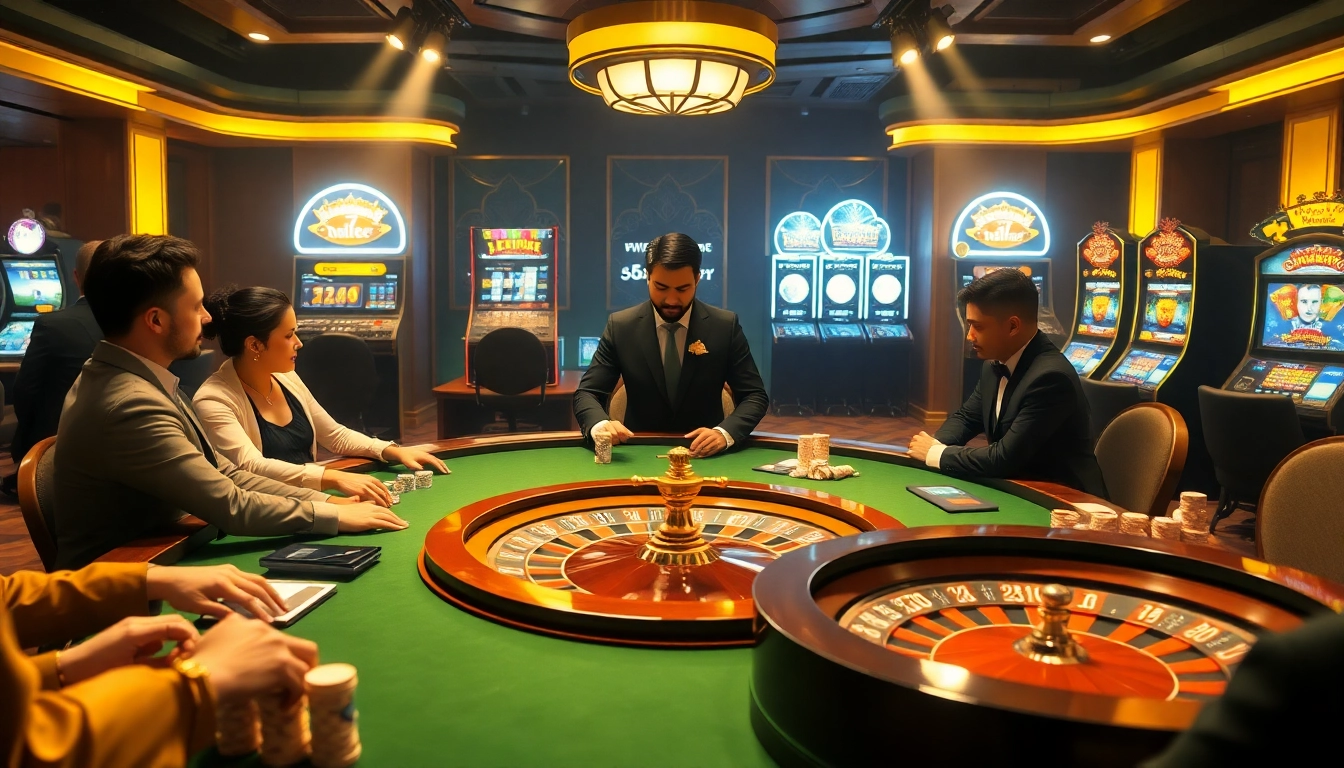 Engaging gambling scene at 78Win Com with poker, roulette, and slot machines in a luxurious casino setting.