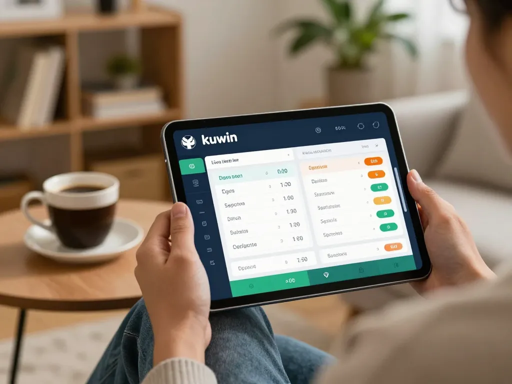 Kuwin user engaging in sports betting while enjoying a cozy home atmosphere with odds displayed on tablet.