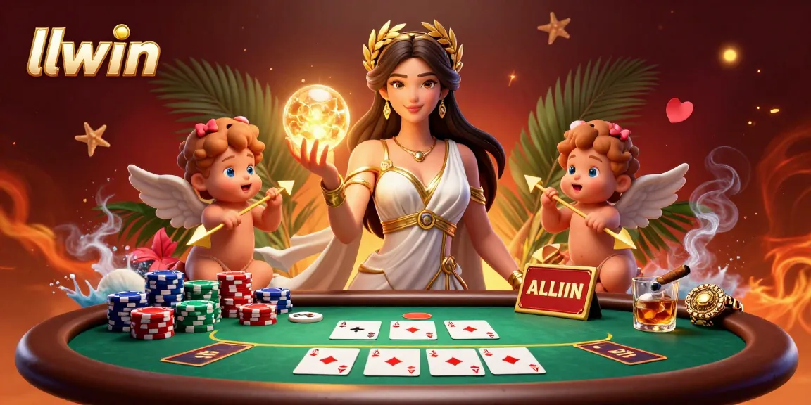 llwin captivates with a vibrant casino scene featuring a goddess holding a golden orb among poker elements.