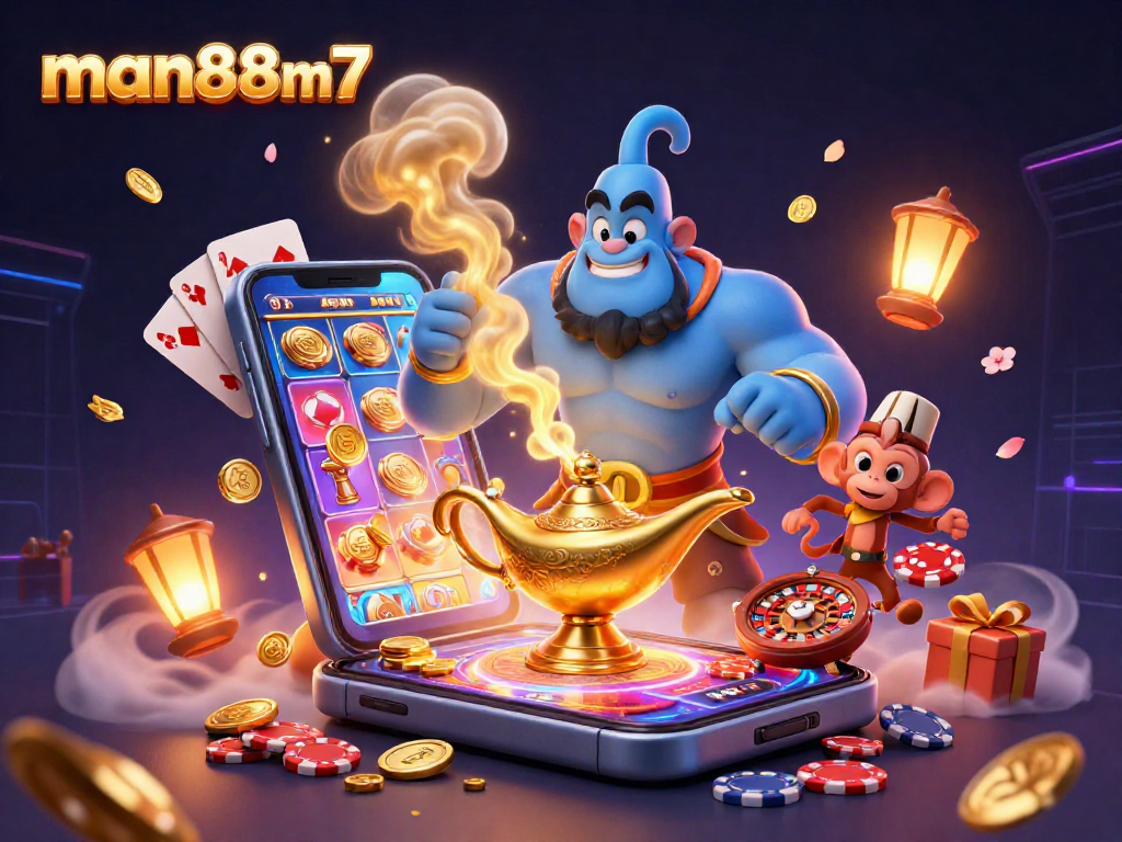 Experience dynamic gambling with man88m7 in this vibrant 3D casino illustration featuring genies, poker chips, and slot machines.