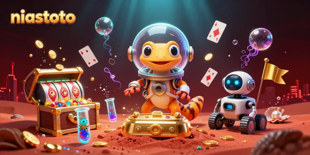 Experience niastoto's thrilling casino adventure with a Martian gecko and treasures in a vibrant scene.