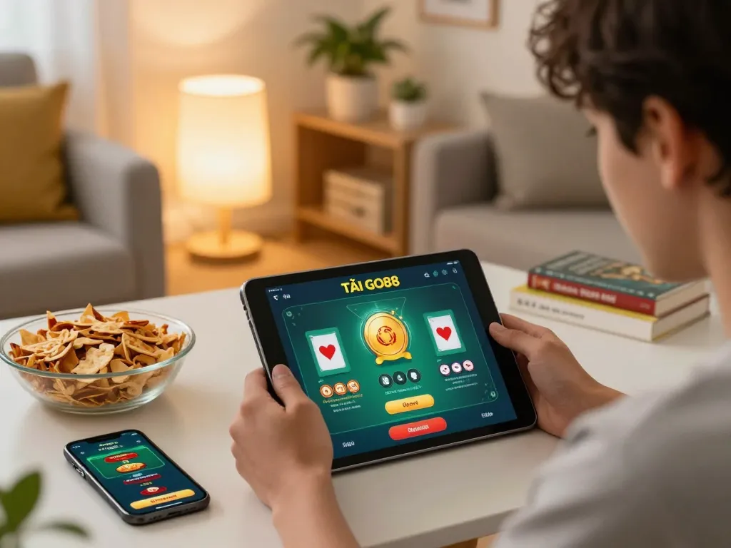 TẢI GO88 app displayed on tablet during online poker session in cozy home setting