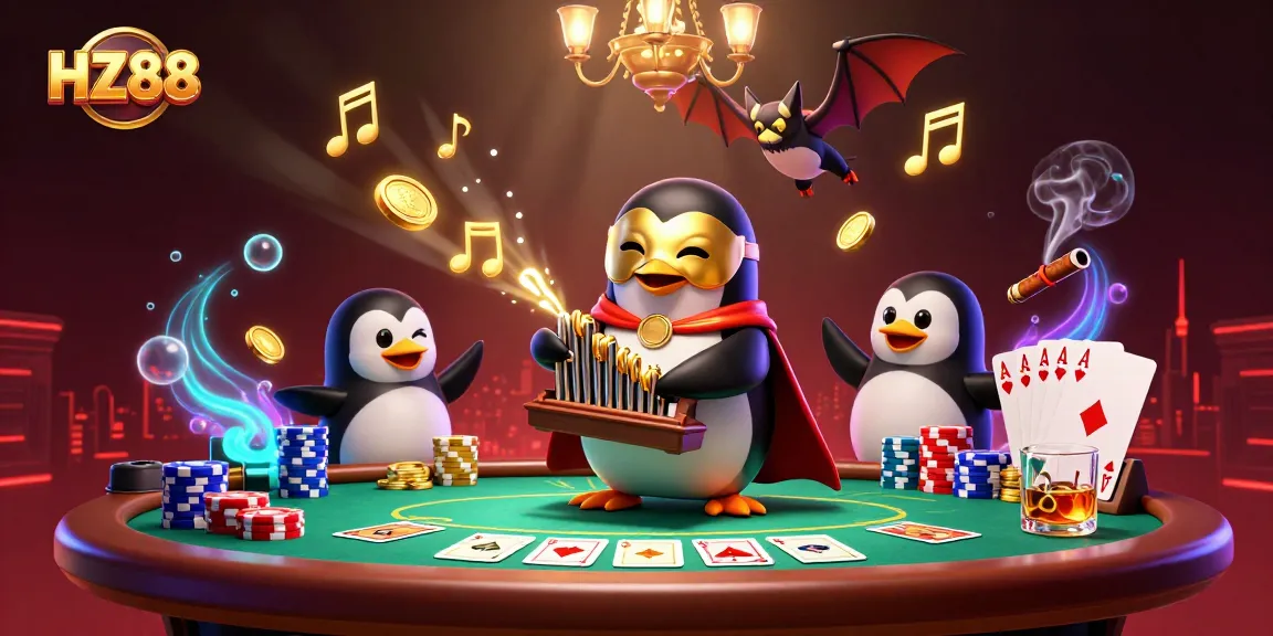 Experience the thrill of HZ88 with a cartoon penguin in a casino scene, showcasing poker elements and golden coins.