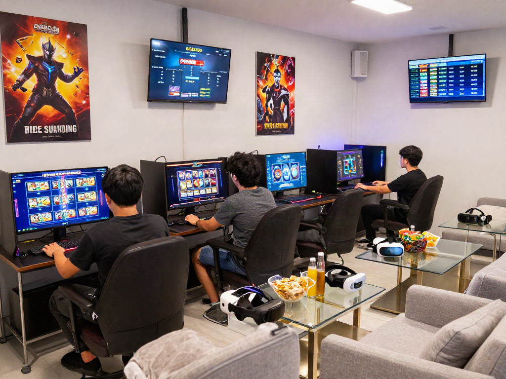 Para penggemar bermain slot gacor dengan antusias di ruang gaming modern yang cerah.