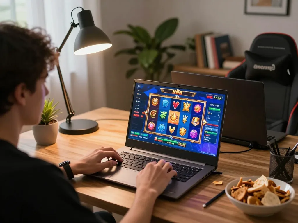 Engaging in game nổ hũ online with exciting graphics on laptop in a cozy home setup.