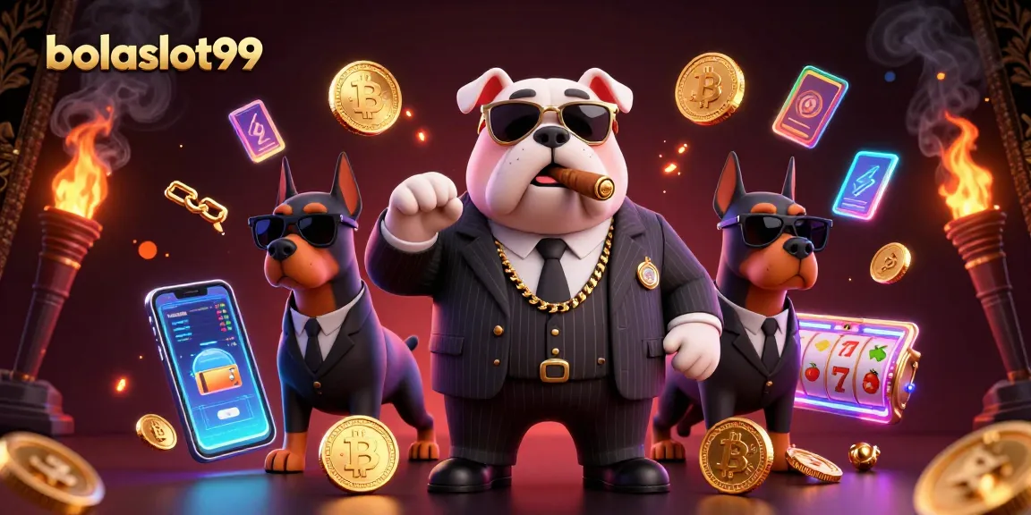 Bolaslot99 captivates players with a vibrant 3D rendering featuring a mafia bulldog and crypto elements.