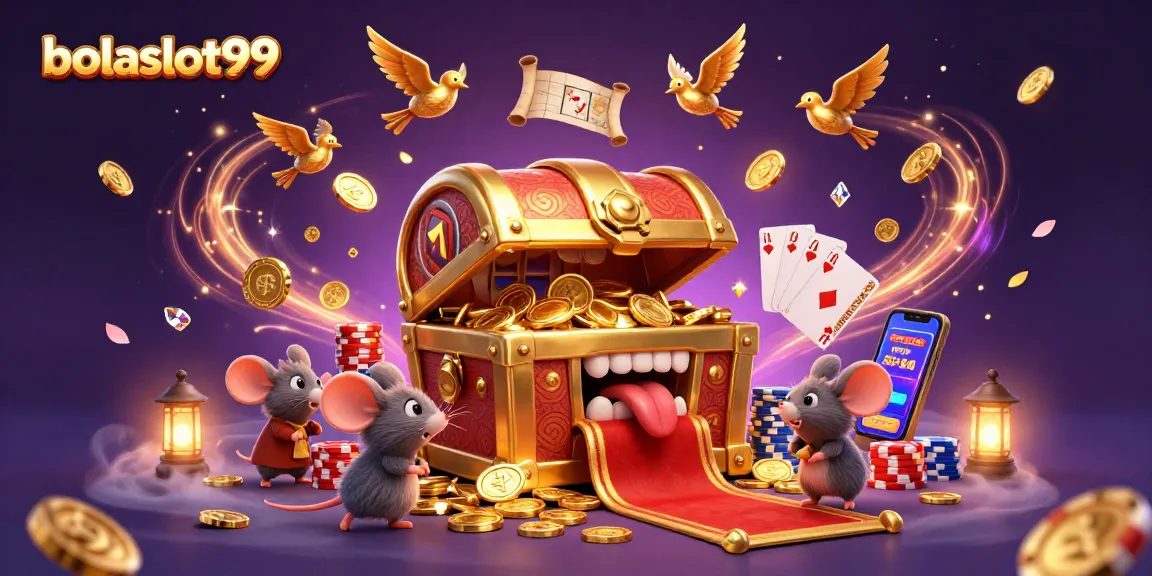 Bets soar with bolaslot99 as a treasure chest lures adventurer mice, surrounded by slot reels and sparkling gems.