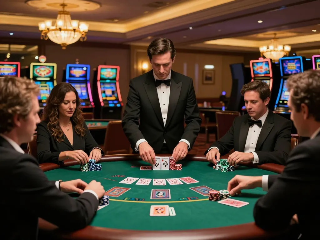 Players enjoy an exciting game of nohu blackjack with dealer and vibrant atmosphere