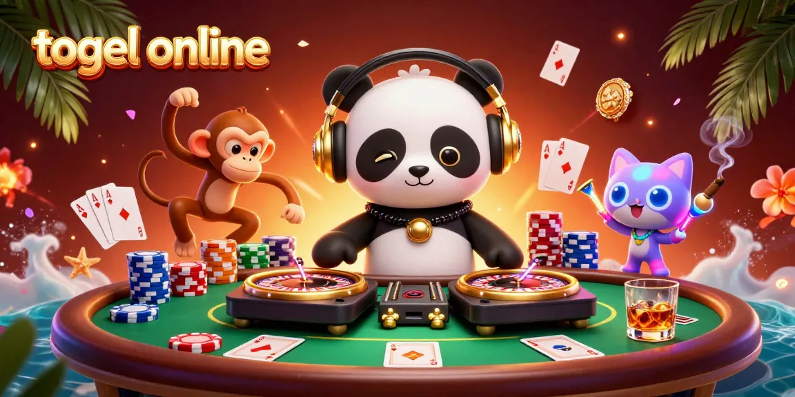 Visualisasi meriah dari permainan togel online yang atraktif dengan karakter lucu dan elemen kasino berwarna-warni.