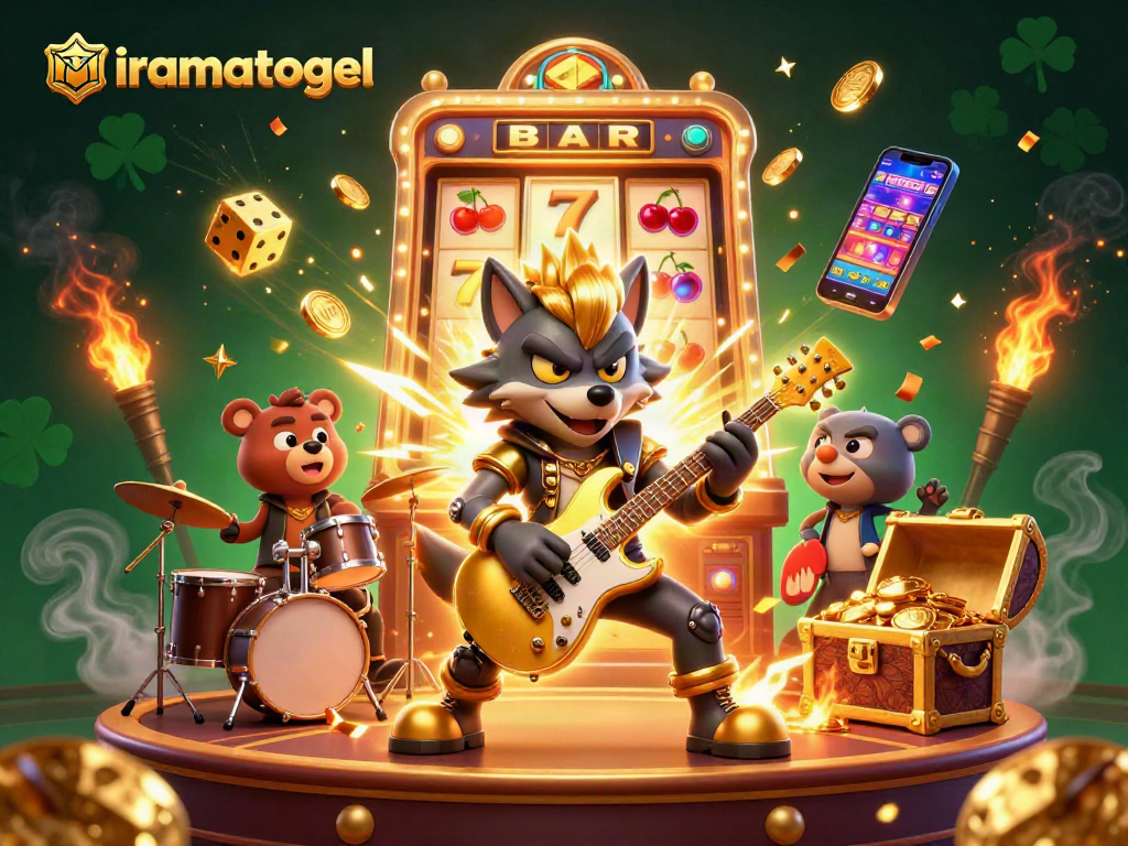 Putar iramatogel dengan slot 3D yang penuh dengan simbol keberuntungan dan tumpahan koin emas.