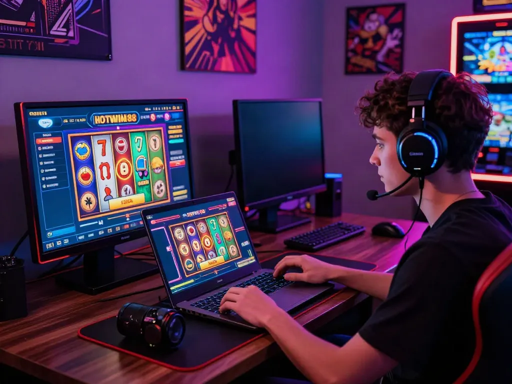 Pengalaman bermain slot88 online dengan pemain fokus pada layar laptop dan aplikasi HOTWIN88.