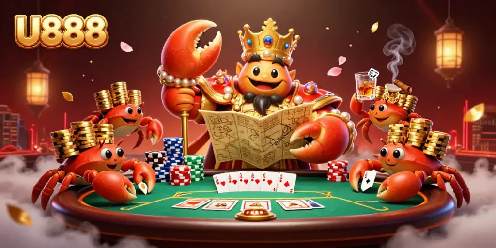 Experience the excitement of U888 with a regal golden crab and vibrant poker elements in a detailed casino setting.