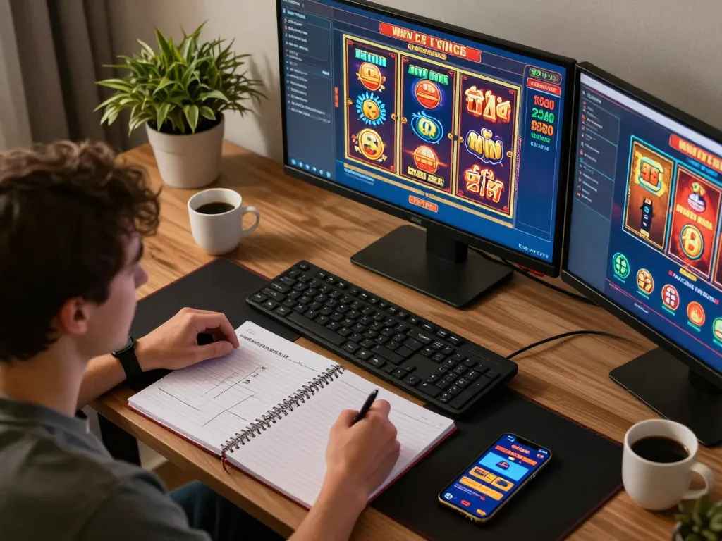 Player strategizing with Agen Resmi casino app on multi-screen setup, showcasing online gambling