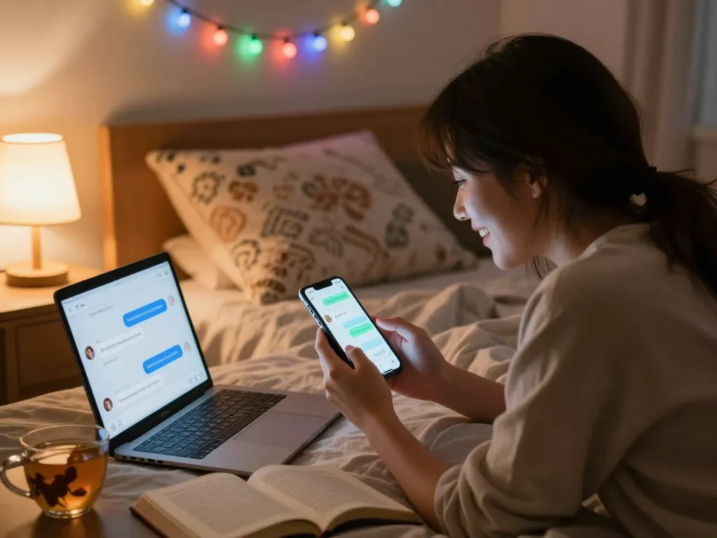 Cozy bedroom interaction showcasing ai sexting on a smartphone with an AI chatbot.