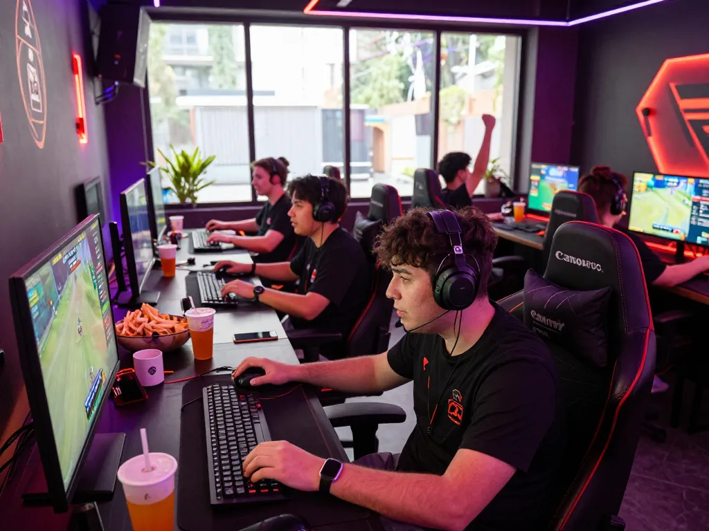Competitive gaming at MERDEKA88 esports lounge with intense players and vibrant atmosphere.