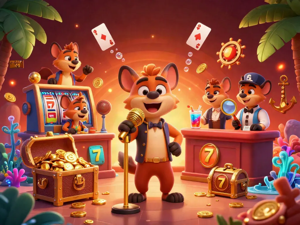 Experience the thrill of pohon 4d through lively hyenas in a vibrant casino setting with slot reels and cards.