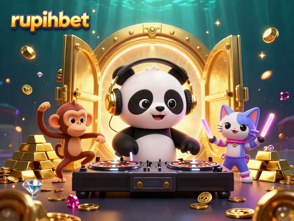 Experience the thrilling world of rupiahbet with a lively DJ panda at the casino.