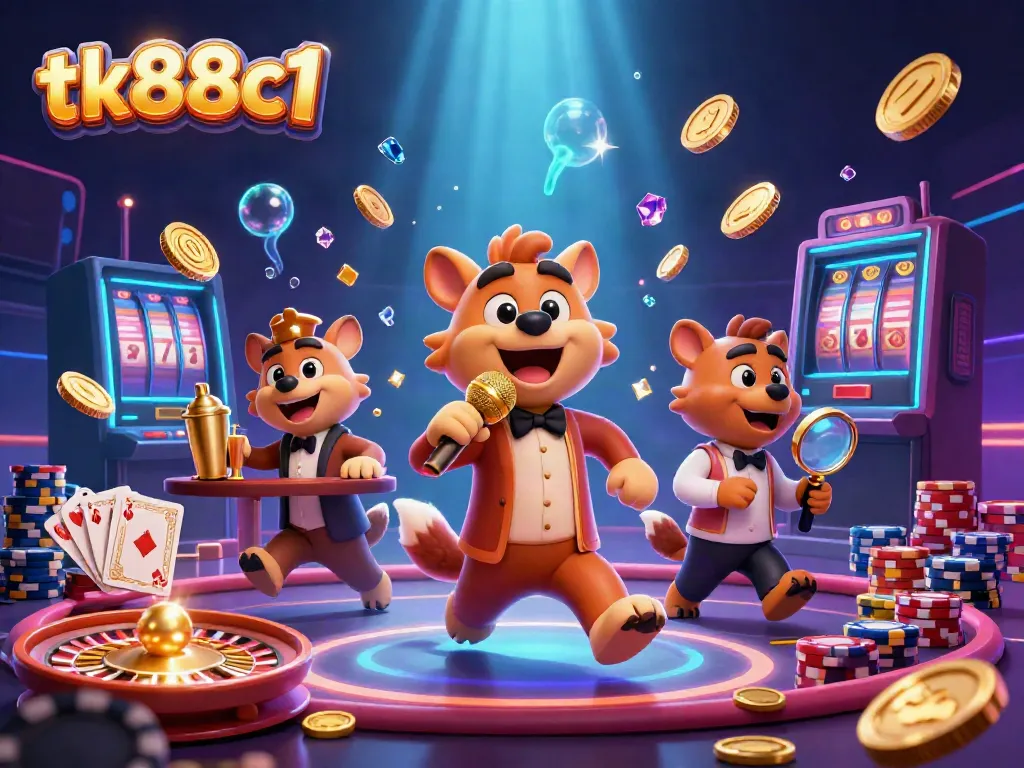 Engaging TK88C1 scene showcasing a hyena comedy club, vibrant casino elements, and golden accents.