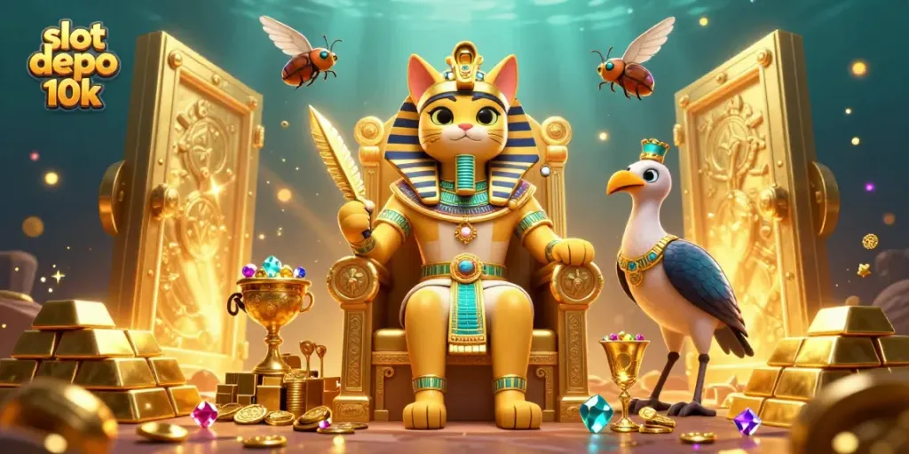 Spin to win with slot depo 10k in a vibrant, treasure-filled casino scene