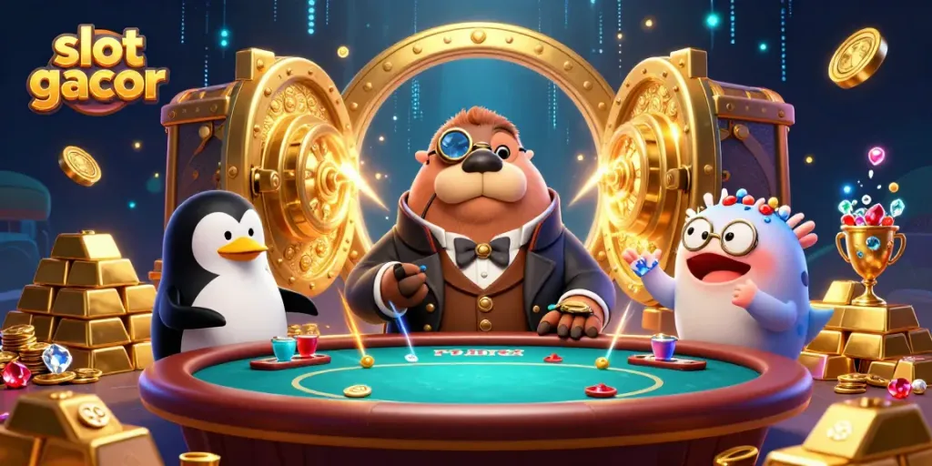 Slot gacor yang menarik dengan walrus bermain poker di meja bawah laut yang dikelilingi harta karun berkilauan.