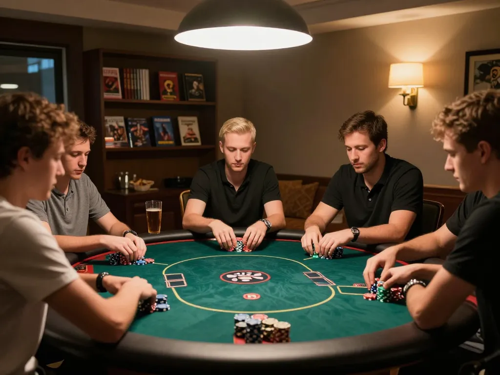 Rasakan keseruan slot deposit 5k selama permainan poker di rumah yang meriah bersama teman, menampilkan chip dan strategi.