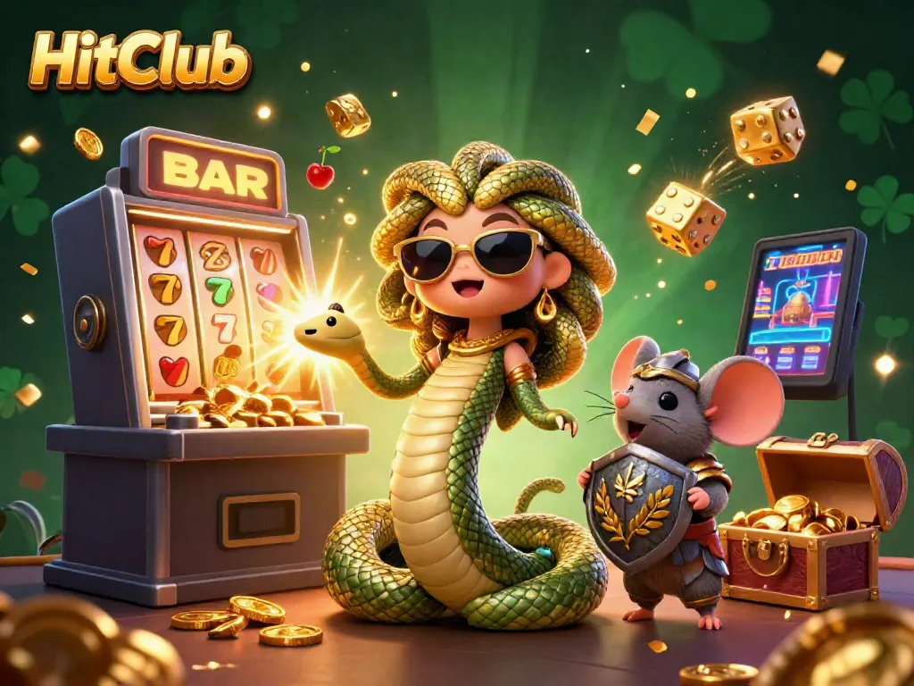 HitClub's lively 3D scene showcases a Medusa snake-lady with a warrior mouse amid slot machines and casino excitement.