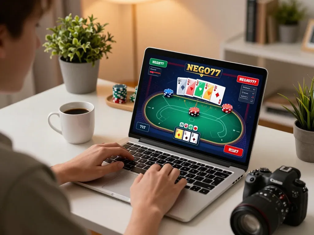 Player enjoying NEGO77 online poker game on laptop with colorful interface and cozy decor