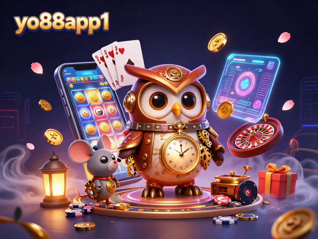 Spin reels and win big with yo88app1, featuring a whimsical casino scene of characters and vibrant game elements.