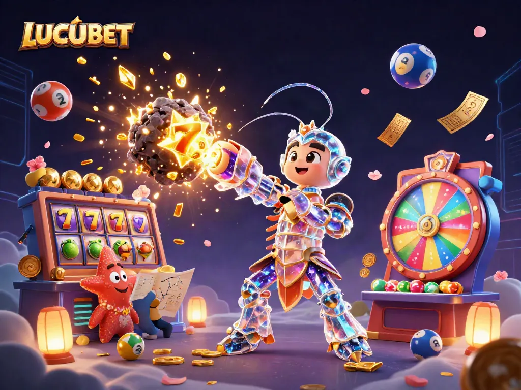 LUCUBET's vibrant promotion showcases a galactic samurai mantis shrimp engaging in dynamic slot play amidst golden jackpots and colorful lottery elements.