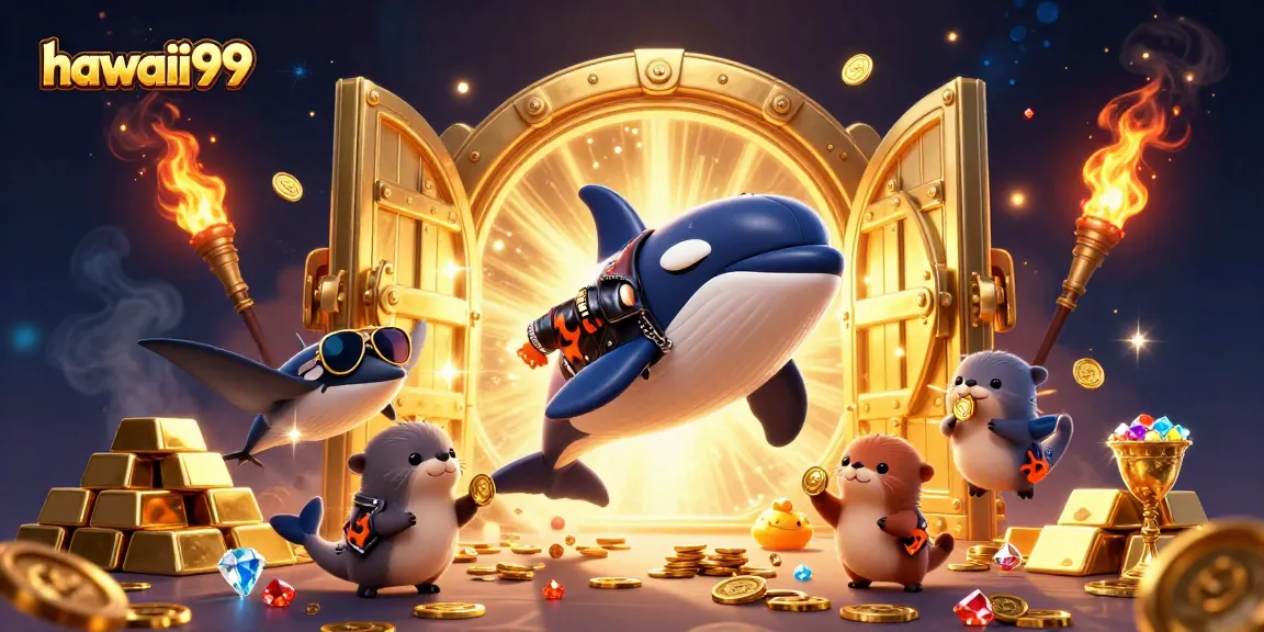 Engage with hawaii99 through an energetic 3D scene filled with vibrant casino elements and joyful characters.